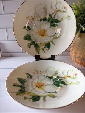 Kendal Porcelain Floral Saucers with Gold Trim - White & Green